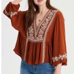 “American Eagle” Embroidered Rusty Orange Long Sleeve Top